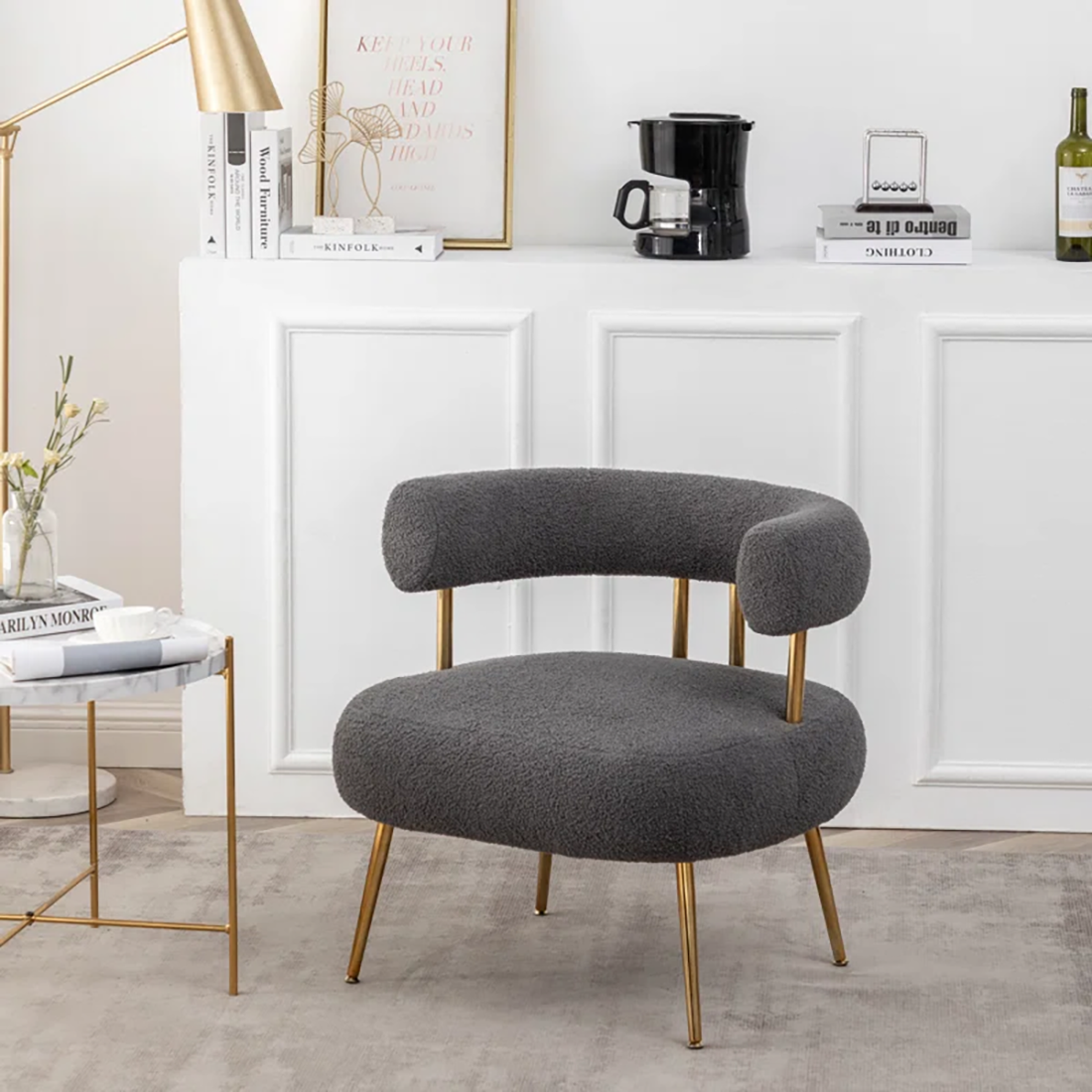 Bonnita Accent Chair Grey | Curved Fabric Accent Chair Stone Grey
