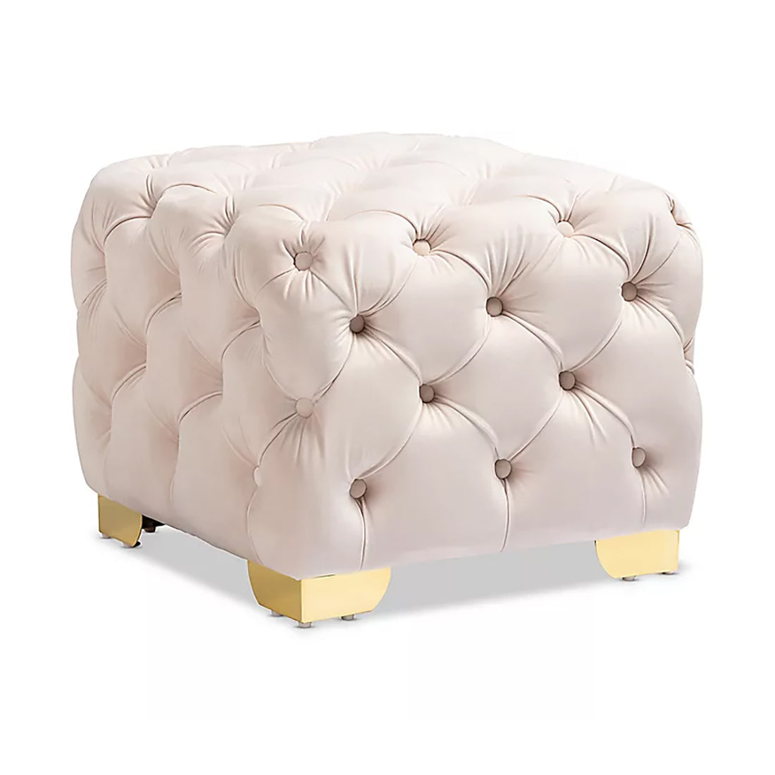 Square Velvet Ottoman/Poufee In Beige /Gold