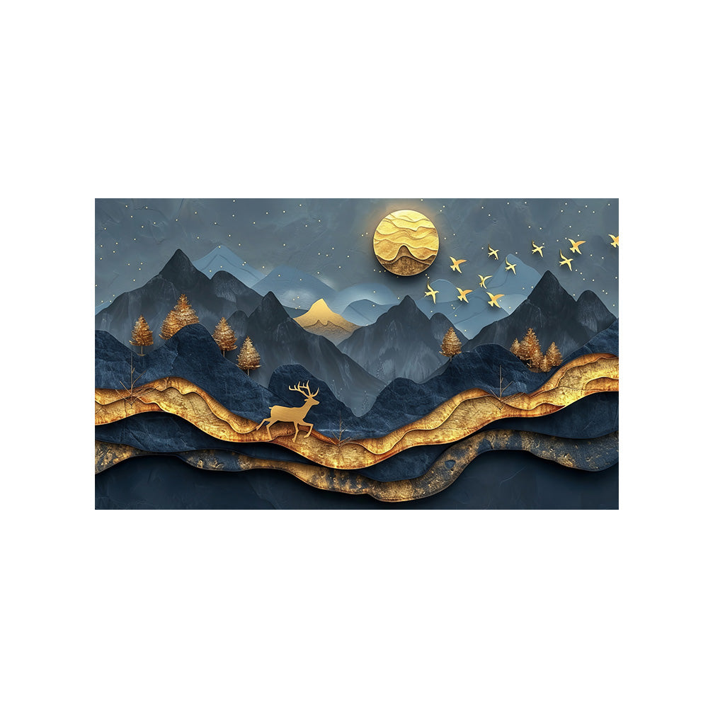 Golden Mountain Deer Abstract Canvas Wall Painting