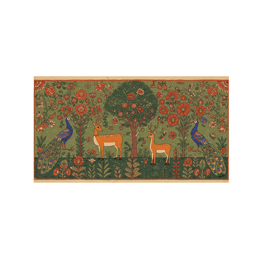 Folk Art Deer and Peacock Canvas Wall Painting