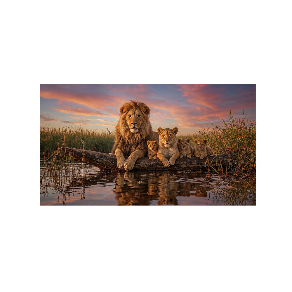 Lion Family at Sunset Canvas Wall Painting