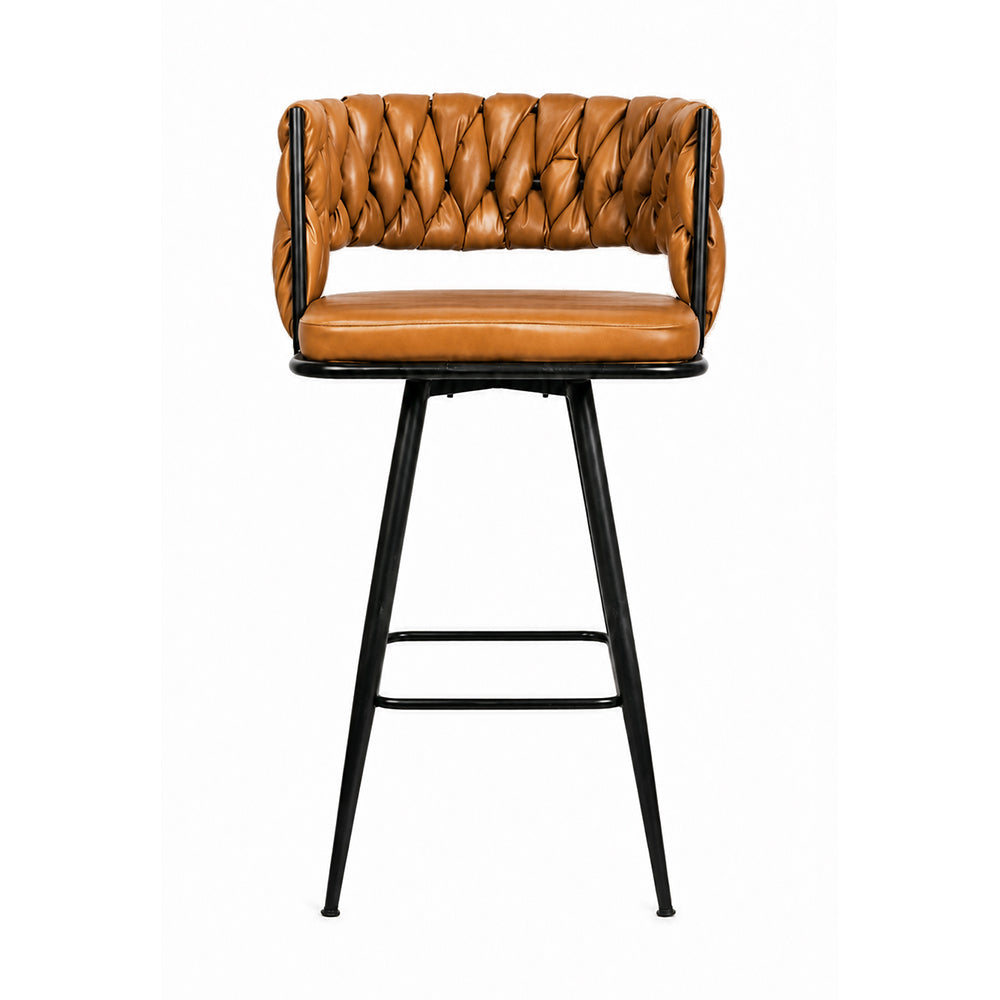 Doe Buck Presley Luxury Tan Braided Faux Leather Bar Stool Chair – Modern Counter Height Stool with Metal Frame for Kitchen Island & Home Bar