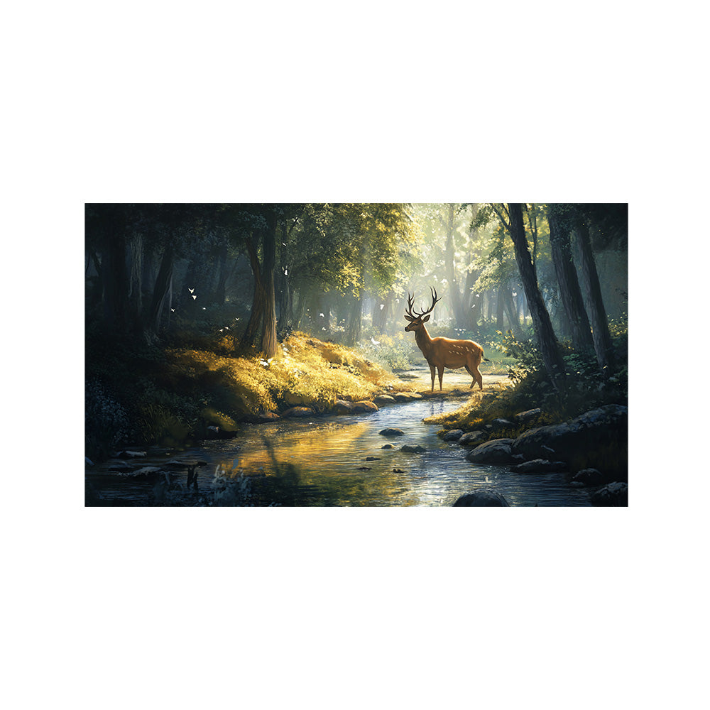 Deer by Forest Stream Canvas Wall Painting