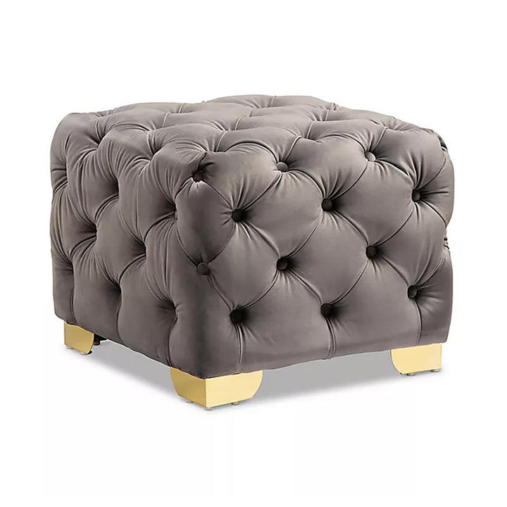 Square Velvet Ottoman/Poufee In Grey /Gold