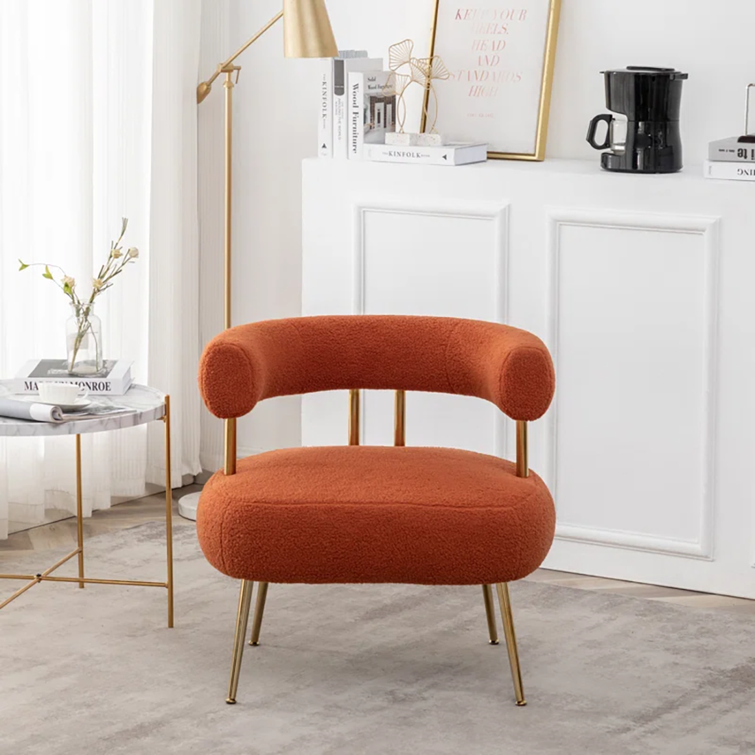 Bonnita Accent Chair Orange | Curved Fabric Accent Chair Burnt Orange