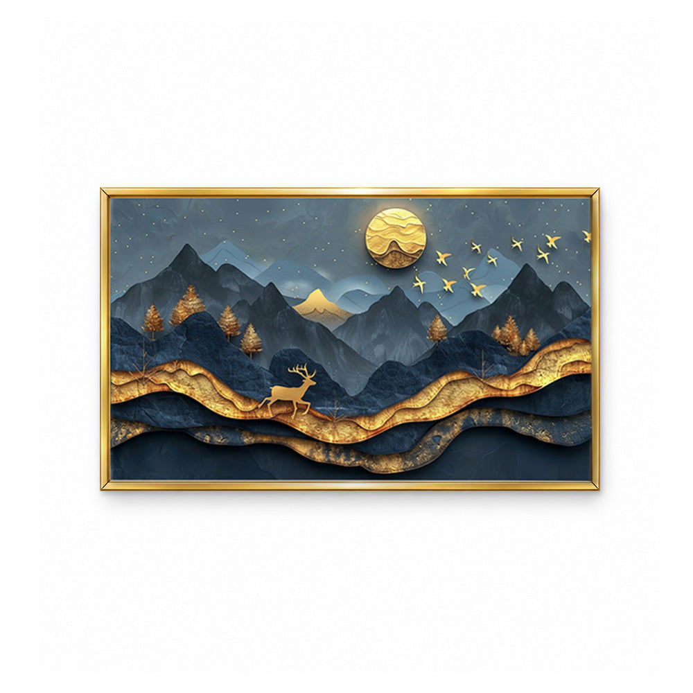 Golden Mountain Deer Abstract Canvas Wall Painting