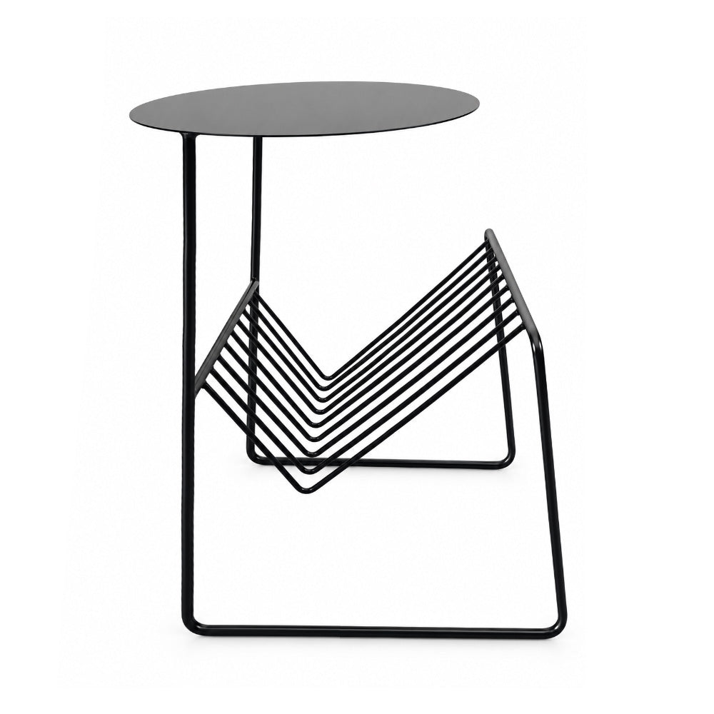 Modern Metal Round Side Table with Geometric Magazine Rack