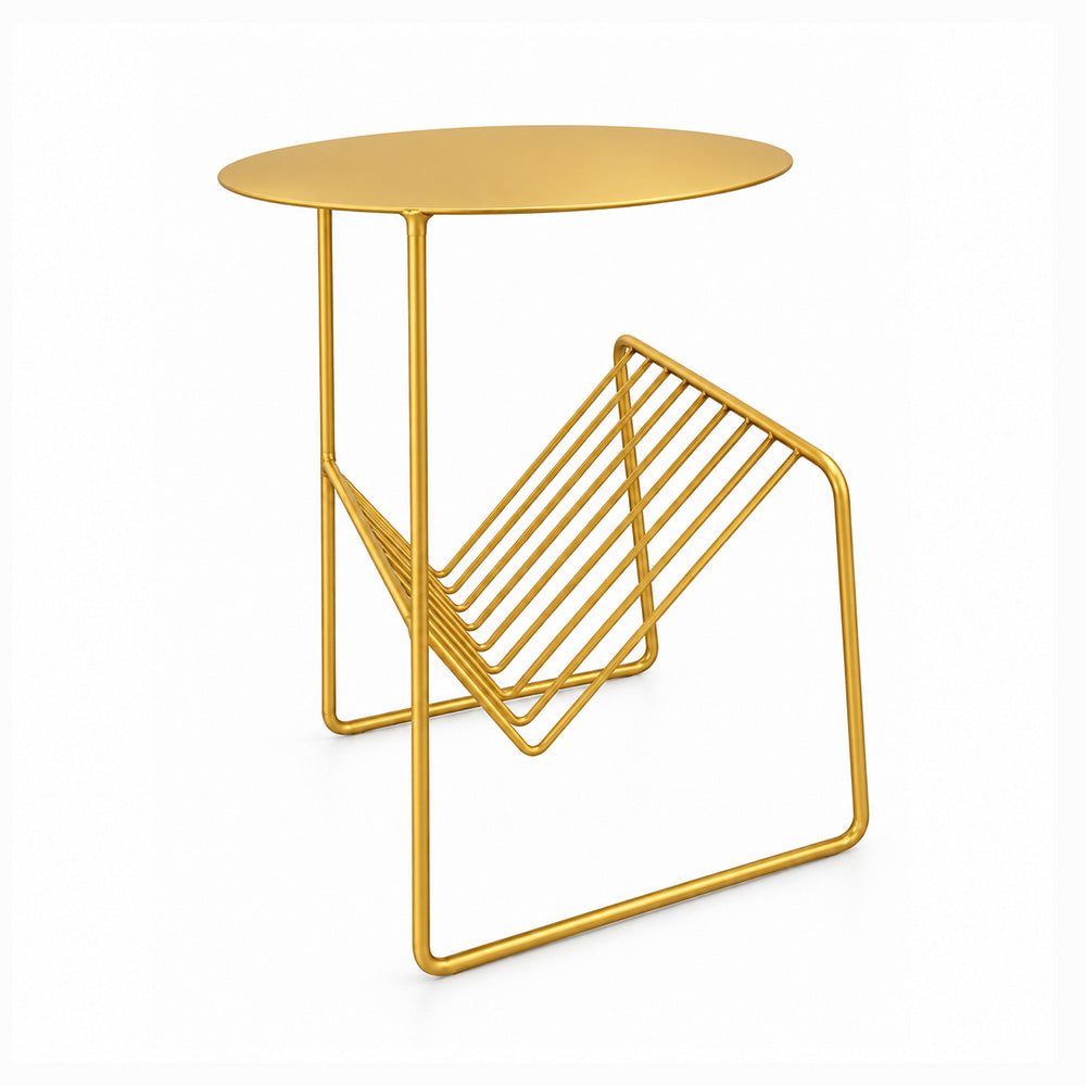 Modern Metal Round Side Table with Geometric Magazine Rack