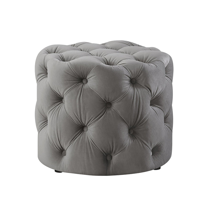 Round Tufted Velvet Ottaman/Poufee In Grey