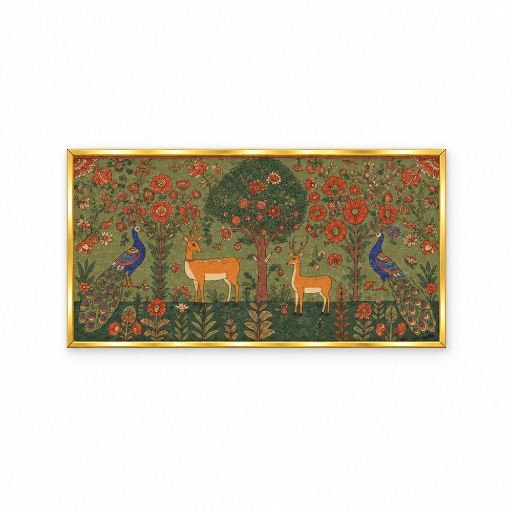 Folk Art Deer and Peacock Canvas Wall Painting
