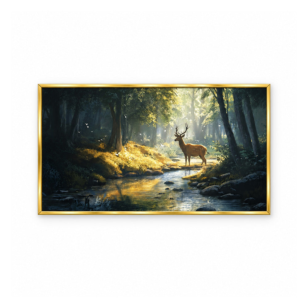 Deer by Forest Stream Canvas Wall Painting