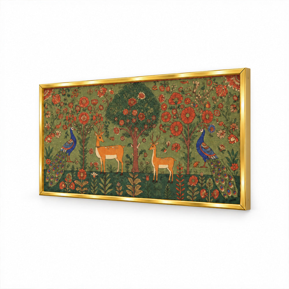 Folk Art Deer and Peacock Canvas Wall Painting