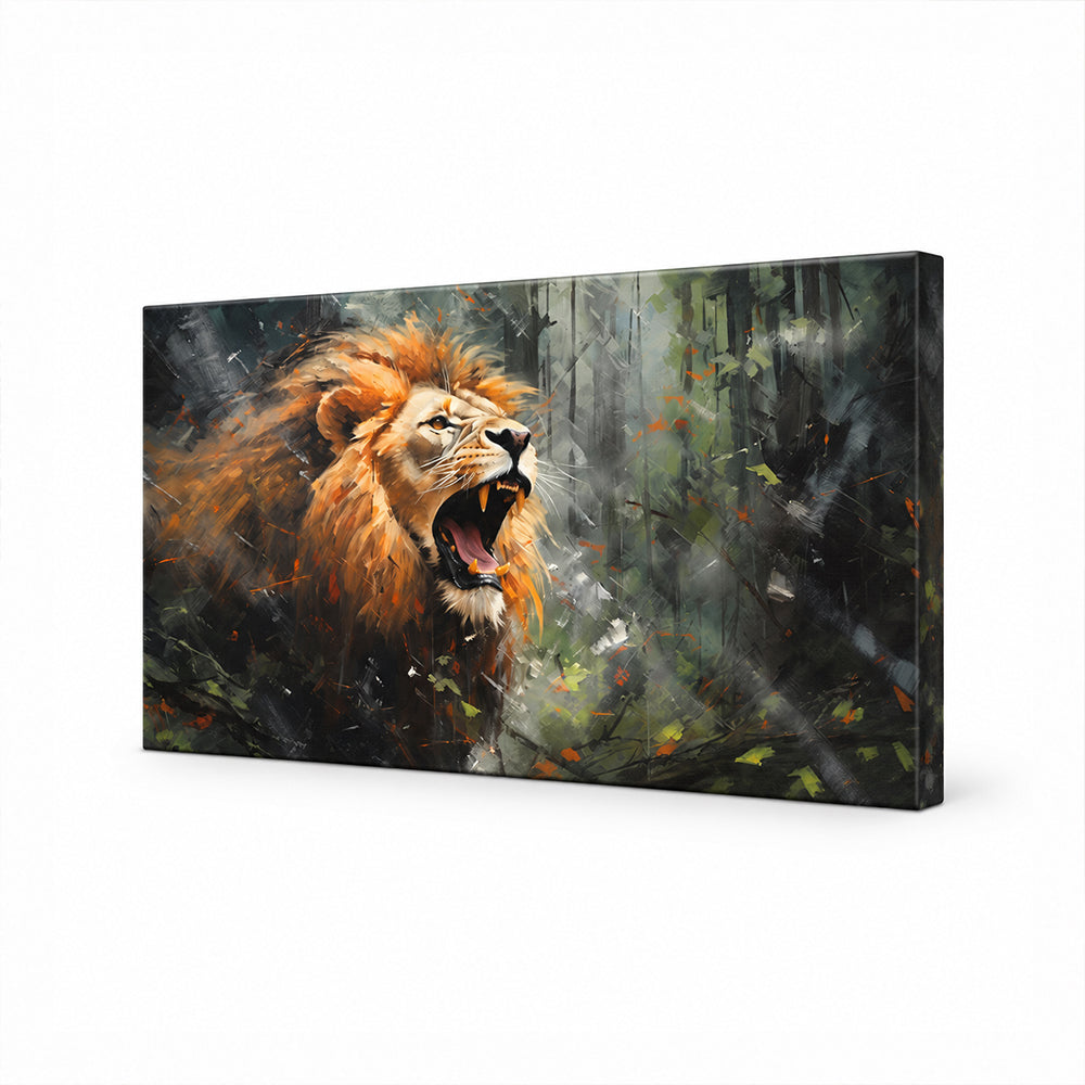 Roaring Lion in Forest Canvas Wall Painting