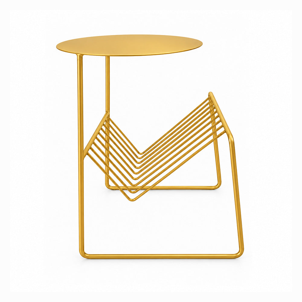 Modern Metal Round Side Table with Geometric Magazine Rack