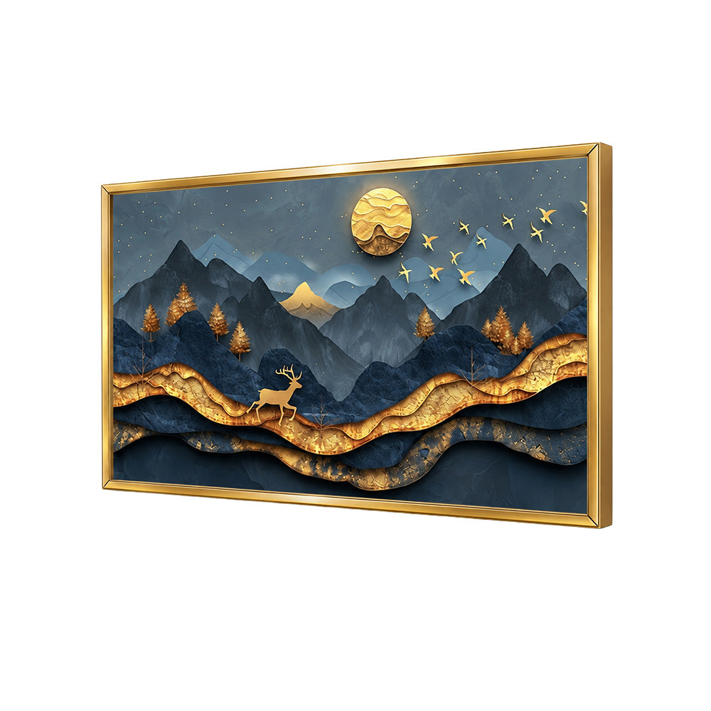 Golden Mountain Deer Abstract Canvas Wall Painting