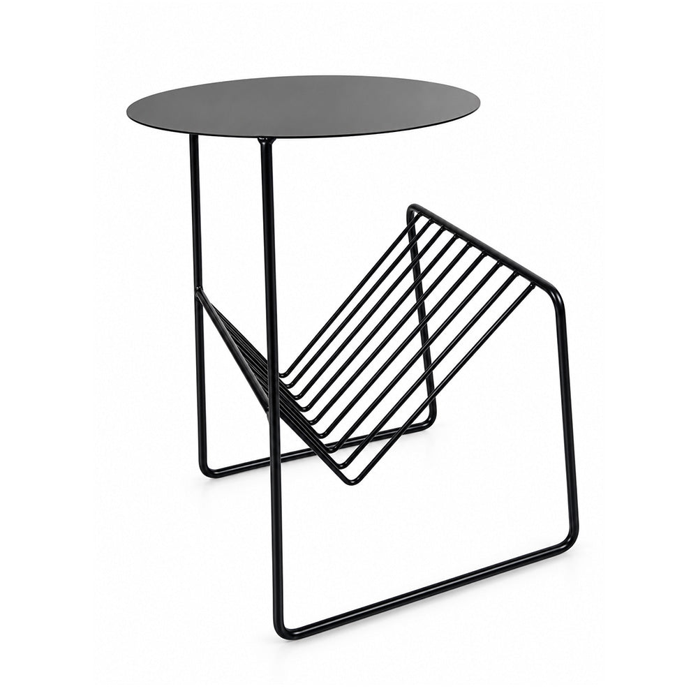 Modern Metal Round Side Table with Geometric Magazine Rack