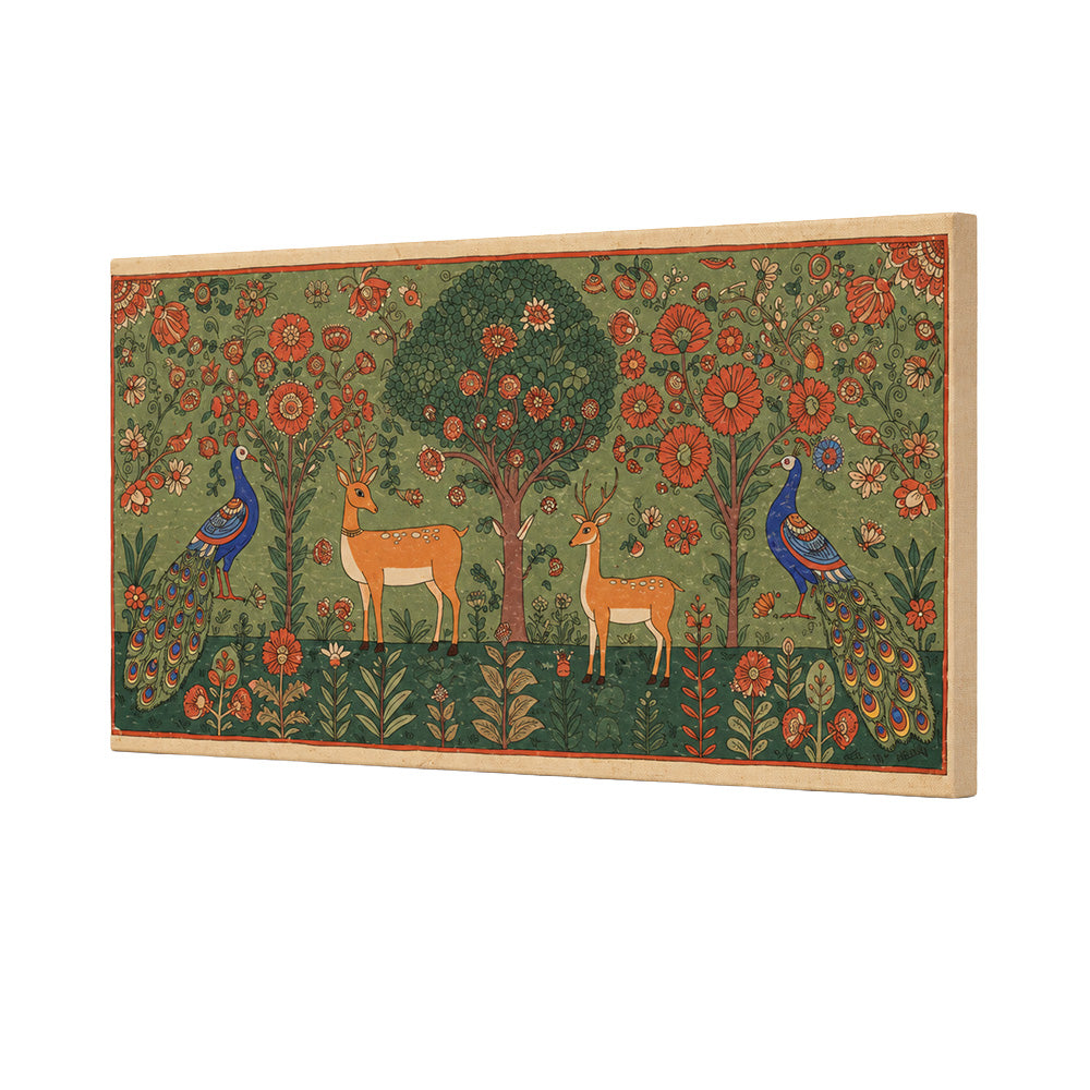 Folk Art Deer and Peacock Canvas Wall Painting
