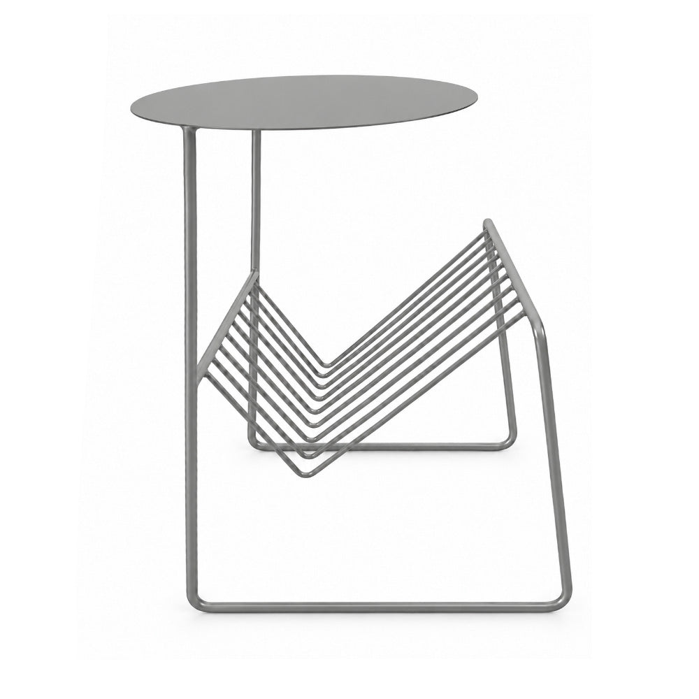 Modern Metal Round Side Table with Geometric Magazine Rack
