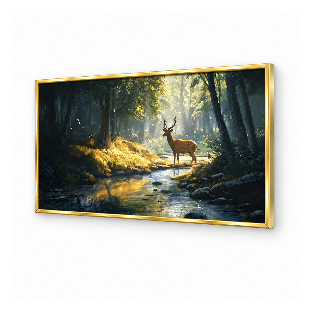 Deer by Forest Stream Canvas Wall Painting