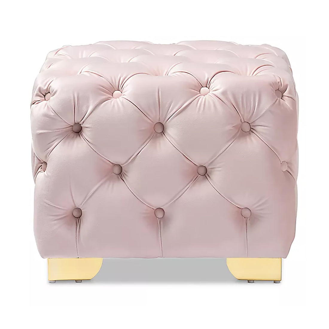 Square Velvet Ottoman/Poufee In Beige /Gold