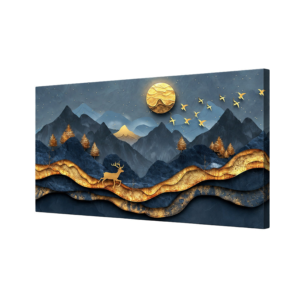 Golden Mountain Deer Abstract Canvas Wall Painting