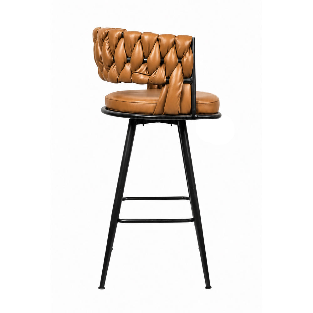 Doe Buck Presley Luxury Tan Braided Faux Leather Bar Stool Chair – Modern Counter Height Stool with Metal Frame for Kitchen Island & Home Bar
