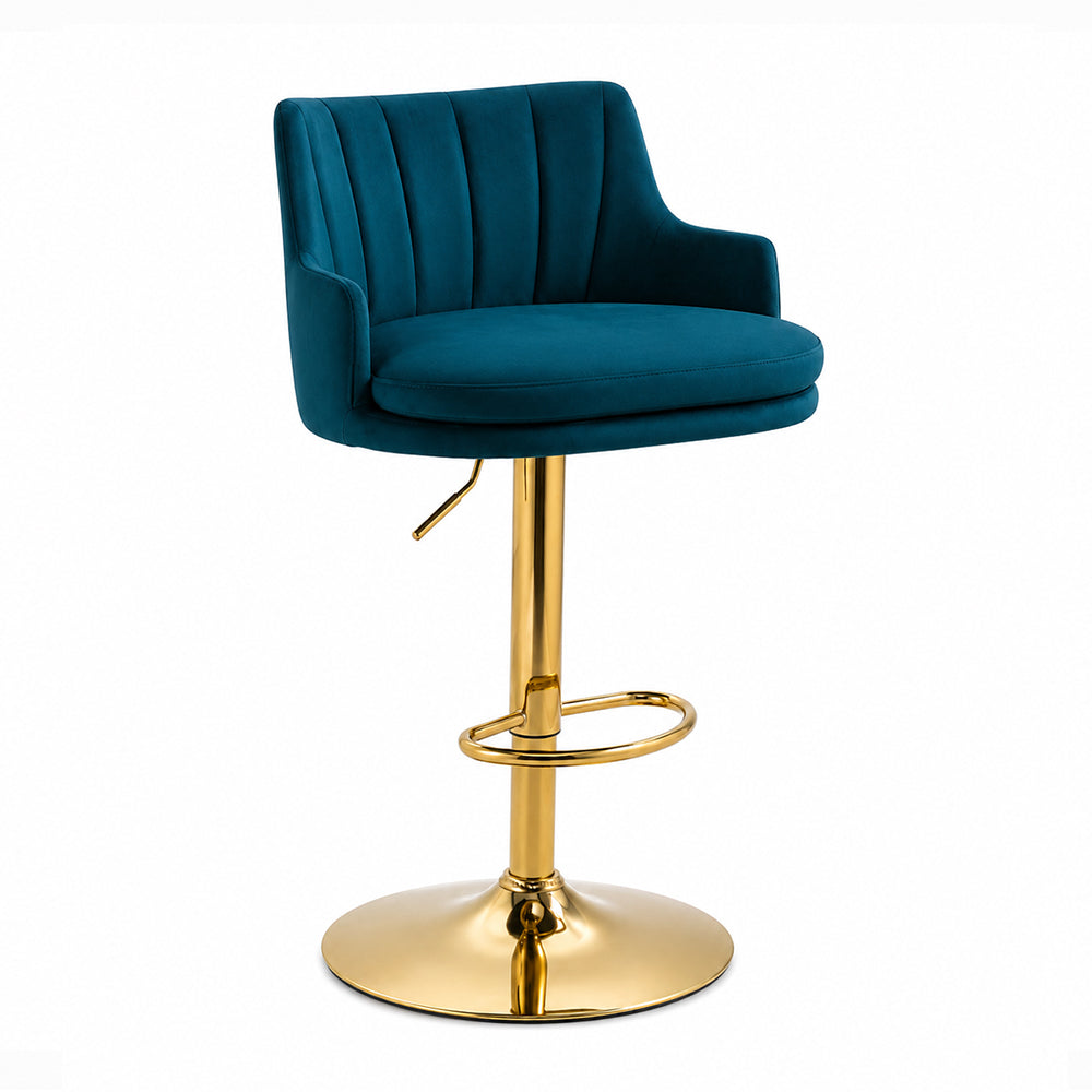 Doe Buck Oliver Luxury Teal Blue Velvet Adjustable Bar Stool Chair with Gold Hydraulic Base – Modern Kitchen Island & Breakfast Counter Seating
