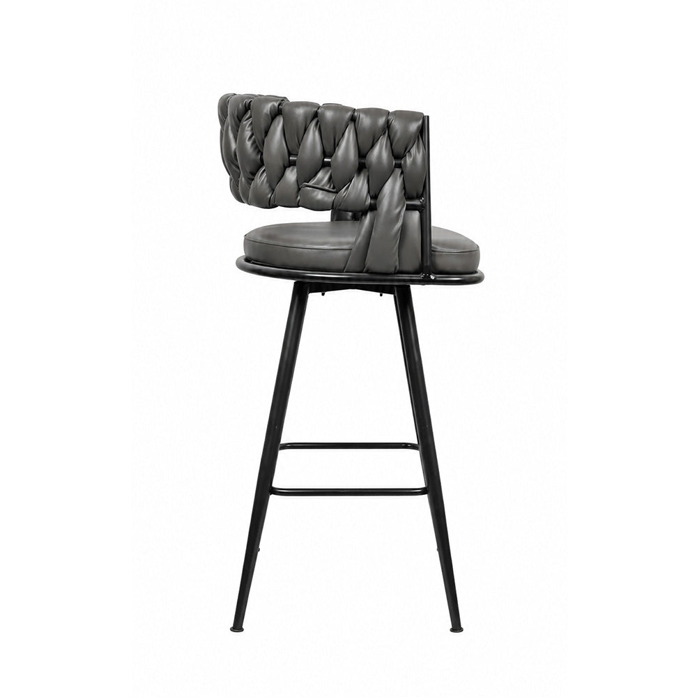 Doe Buck Presley Luxury Grey Braided Faux Leather Bar Stool Chair – Modern Counter Height Stool with Metal Frame for Kitchen Island & Home Bar