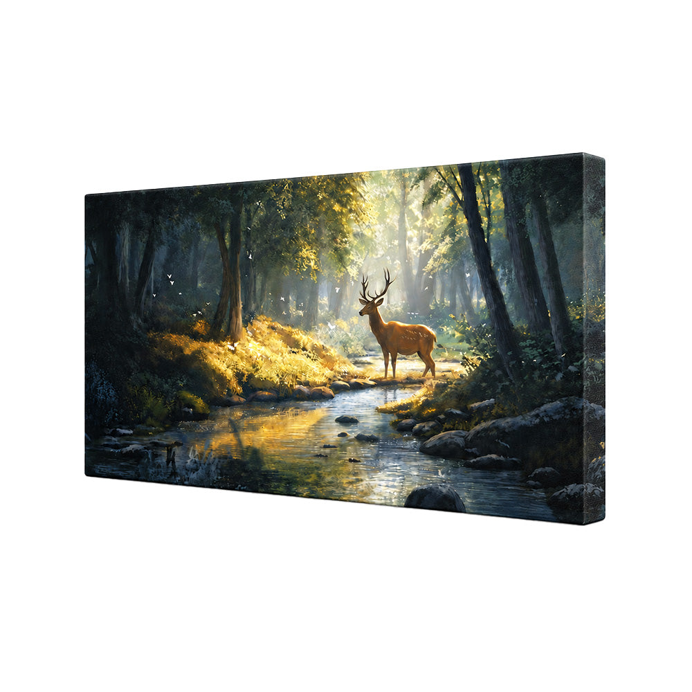 Deer by Forest Stream Canvas Wall Painting