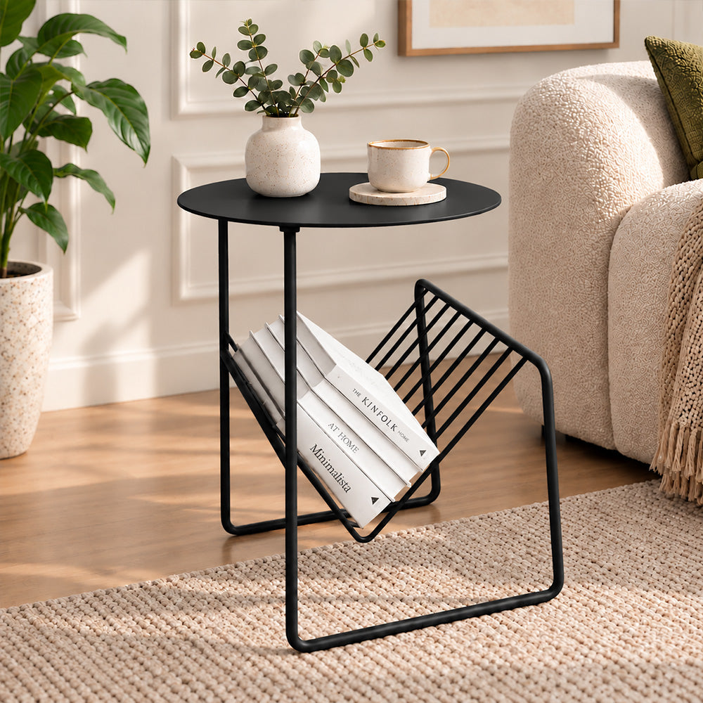 Metal round side table with magazine rack