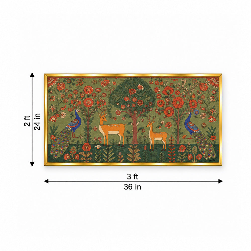 Folk Art Deer and Peacock Canvas Wall Painting