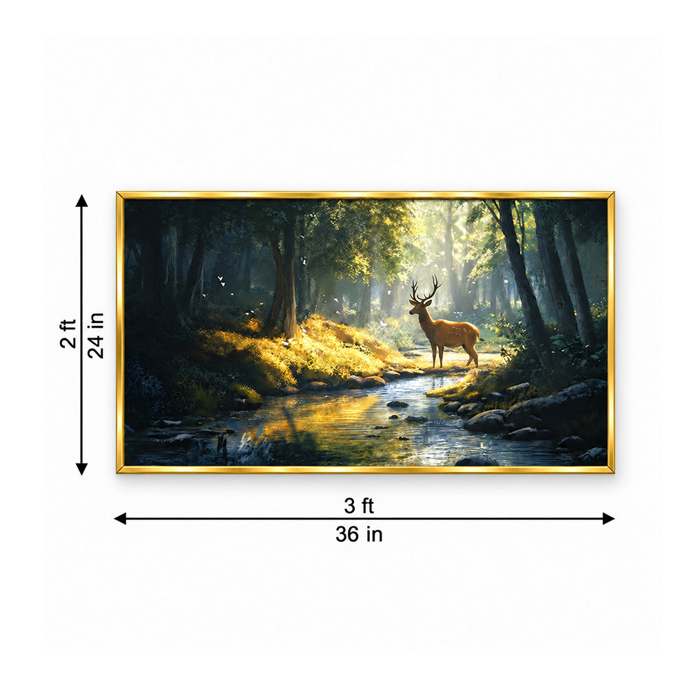 Deer by Forest Stream Canvas Wall Painting