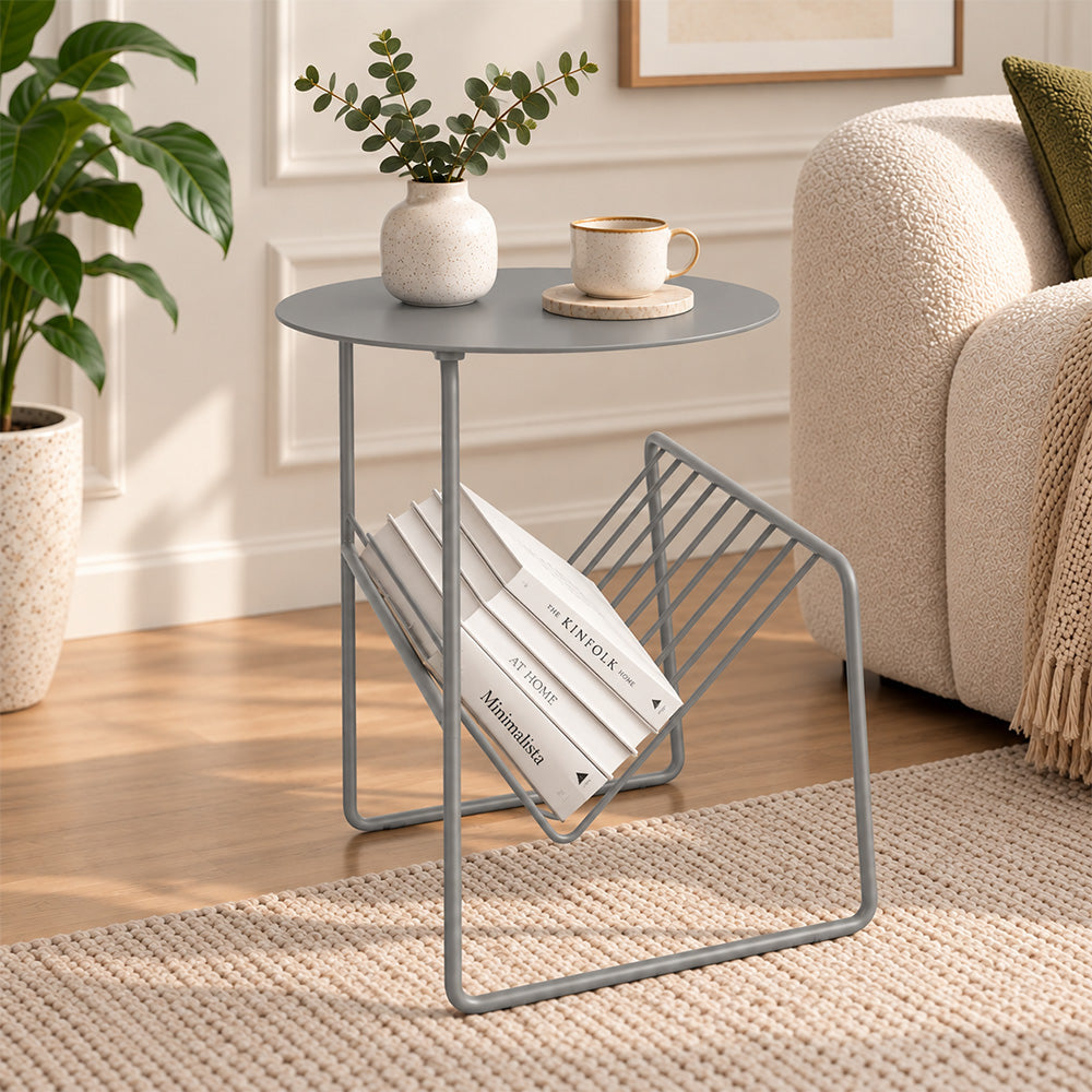 Modern Metal Round Side Table with Geometric Magazine Rack