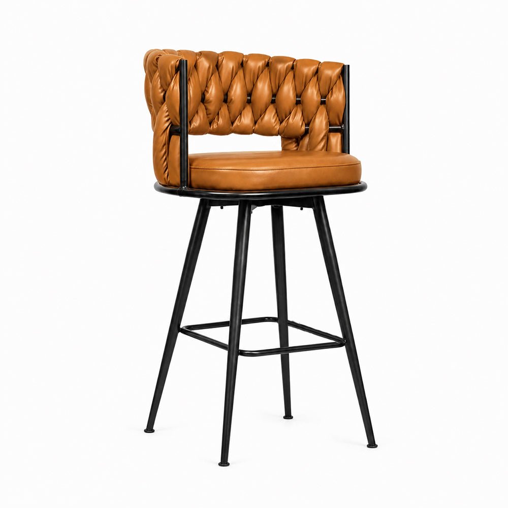 Doe Buck Presley Luxury Tan Braided Faux Leather Bar Stool Chair – Modern Counter Height Stool with Metal Frame for Kitchen Island & Home Bar