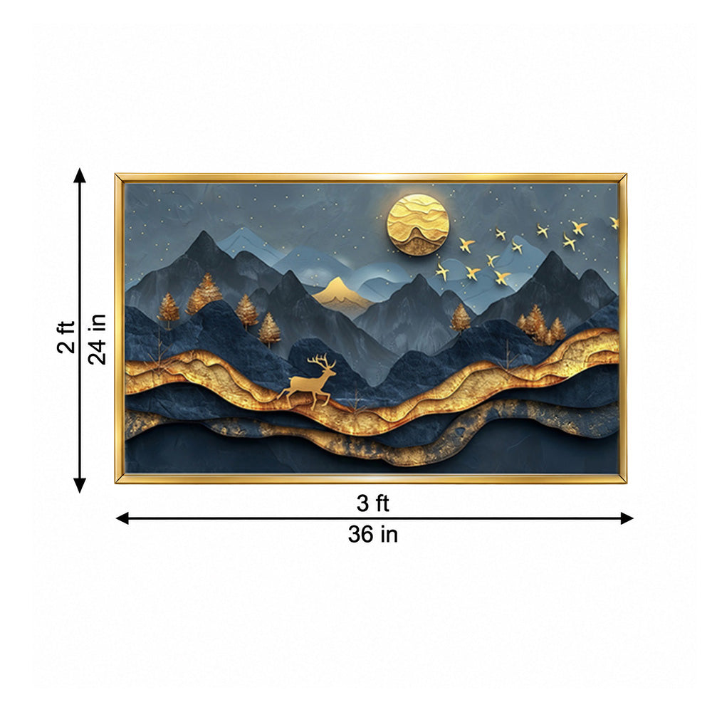 Golden Mountain Deer Abstract Canvas Wall Painting