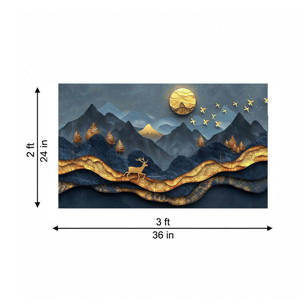 Golden Mountain Deer Abstract Canvas Wall Painting