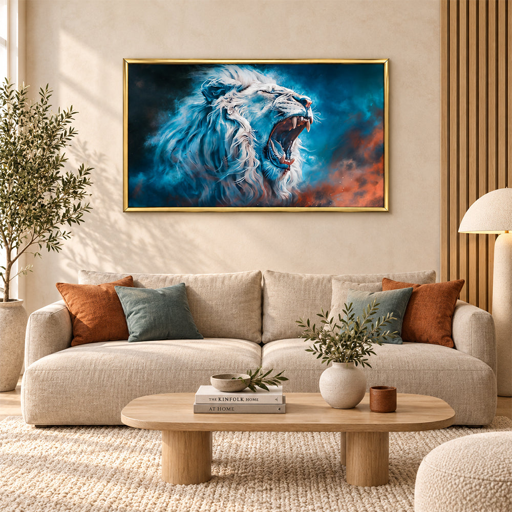 Blue and white lion portrait canvas wall painting