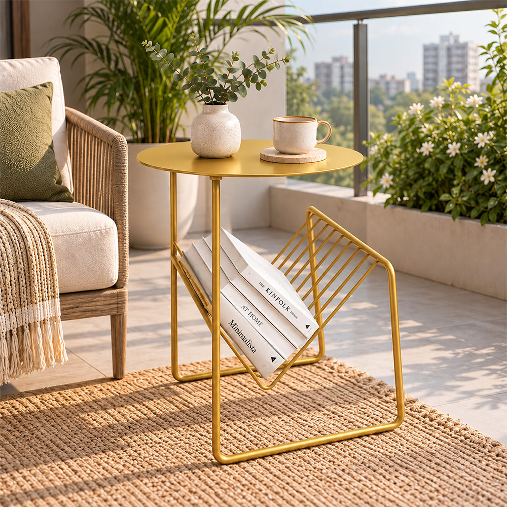 Modern Metal Round Side Table with Geometric Magazine Rack