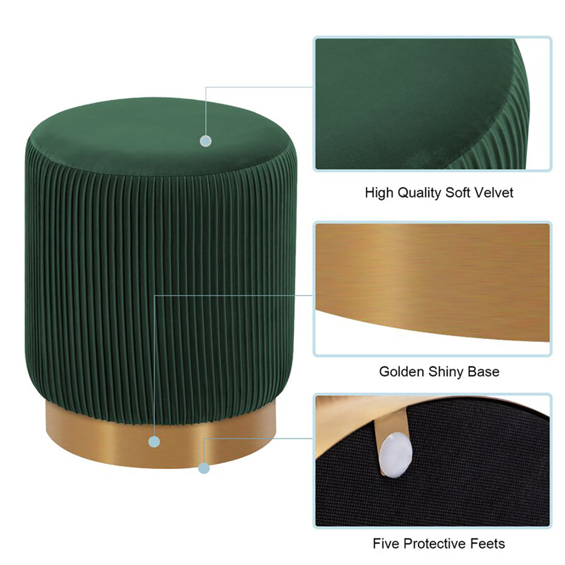 Round Velvet Gold Ottaman/Poufee In Green