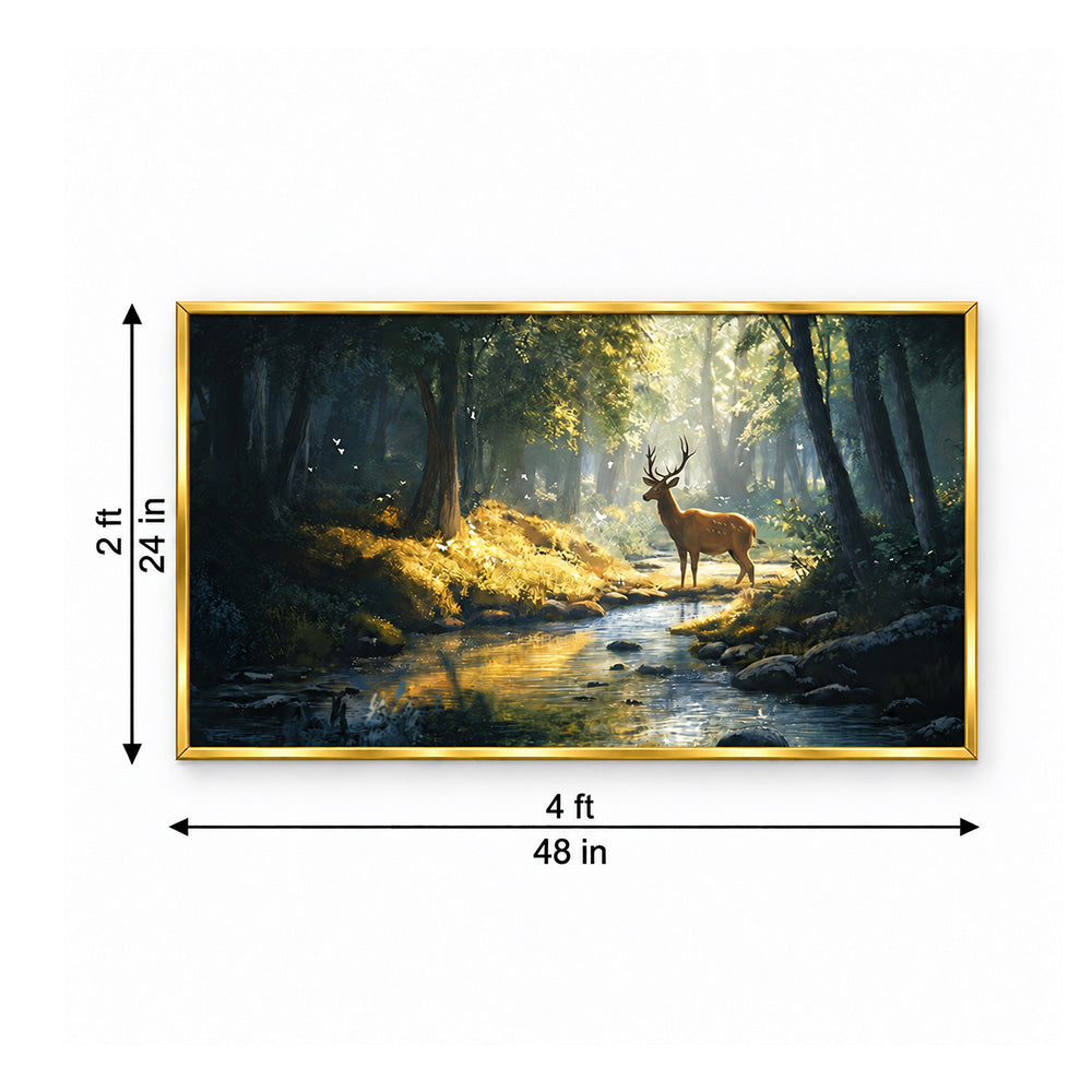 Deer by Forest Stream Canvas Wall Painting