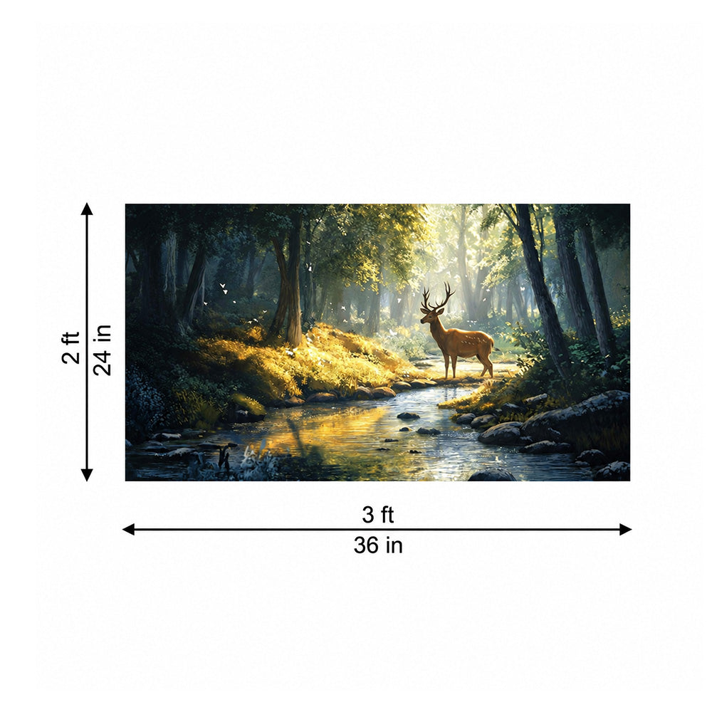 Deer by Forest Stream Canvas Wall Painting