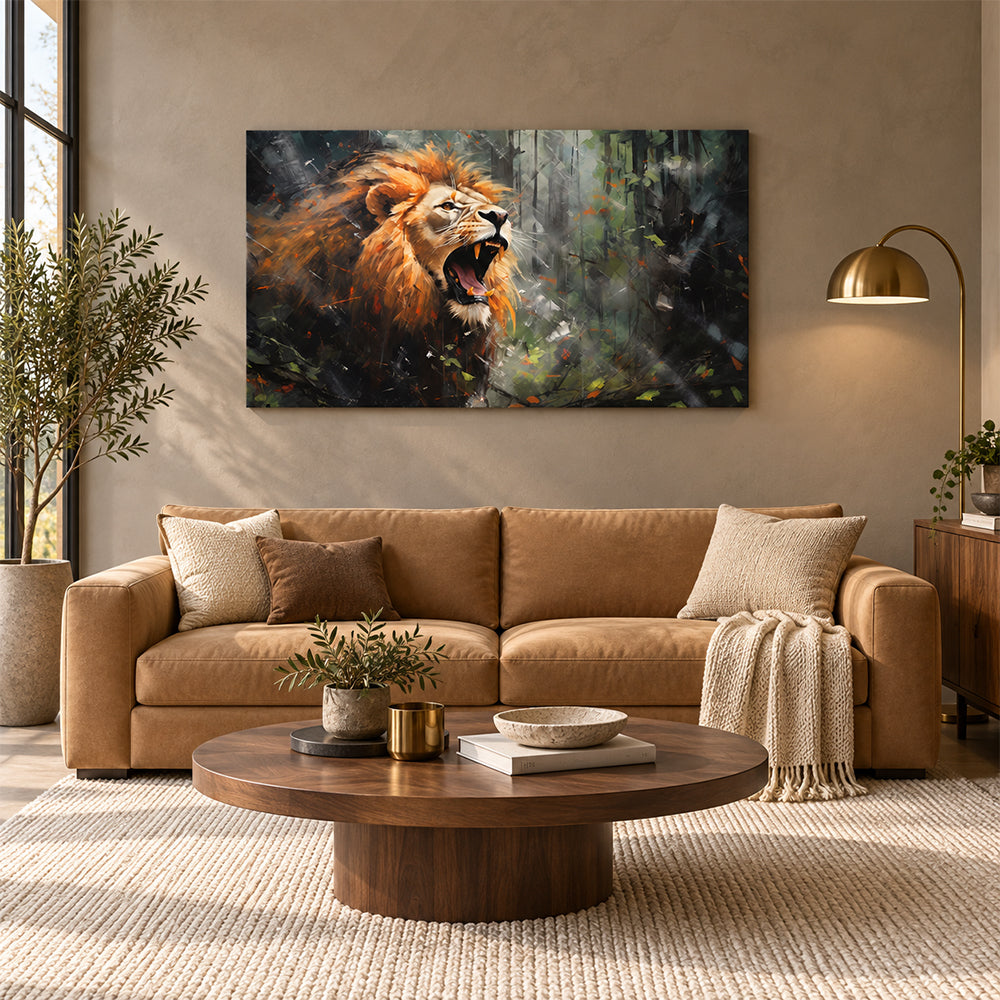 Roaring Lion in Forest Canvas Wall Painting