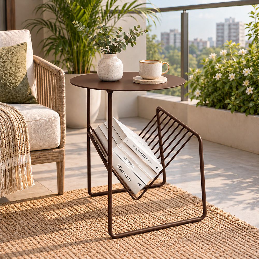Modern Metal Round Side Table with Geometric Magazine Rack