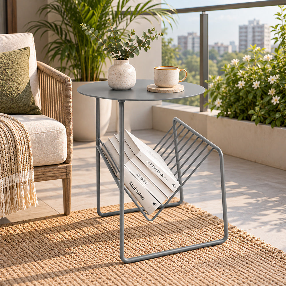 Modern Metal Round Side Table with Geometric Magazine Rack