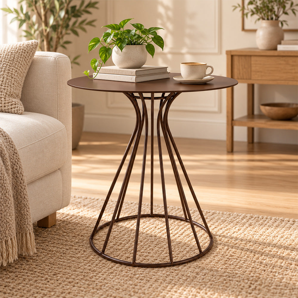 Metal Round Side Table with Sculptural Curved Base