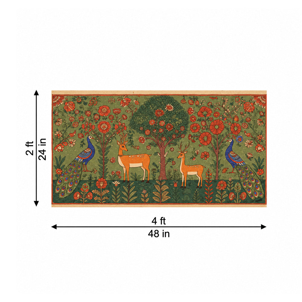 Folk Art Deer and Peacock Canvas Wall Painting