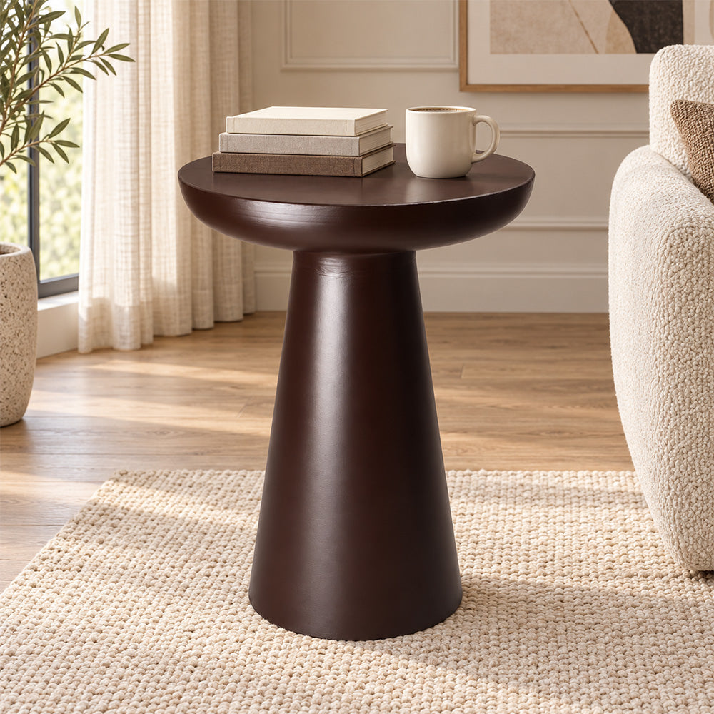 Metal round pedestal side table with raised rim