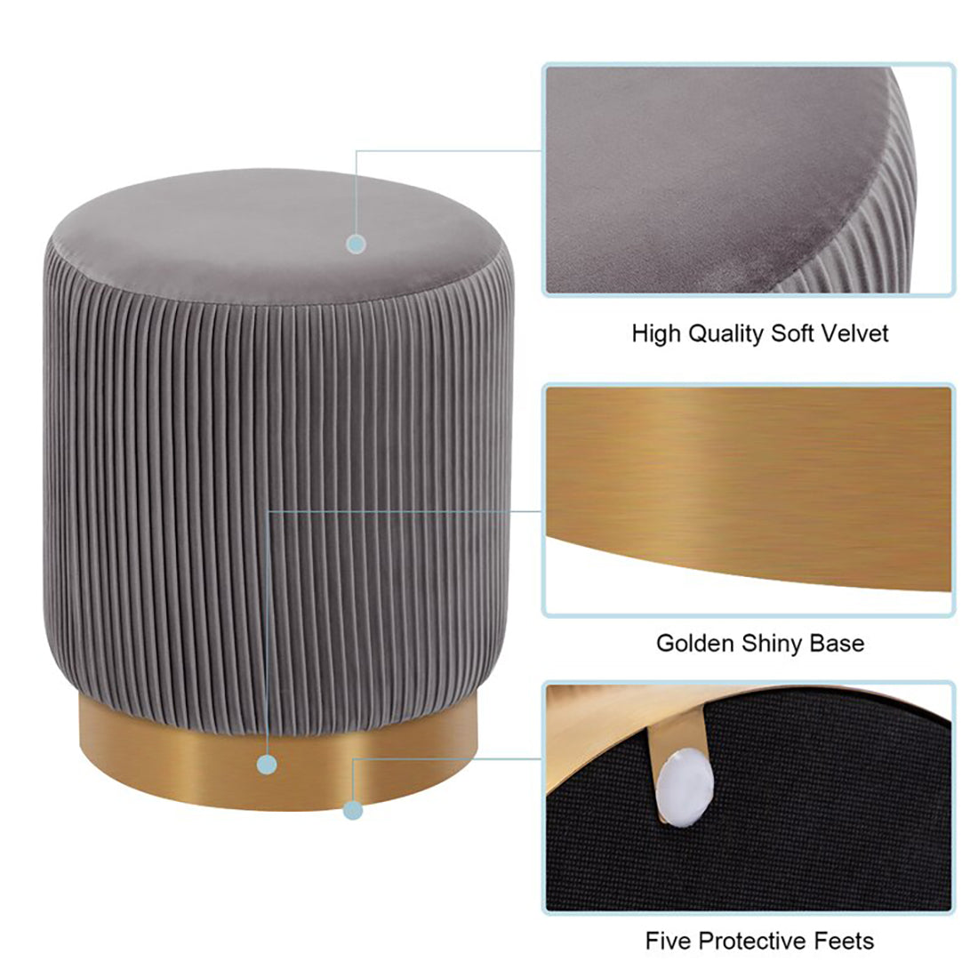 Round Velvet Gold Ottaman/Poufee In Grey