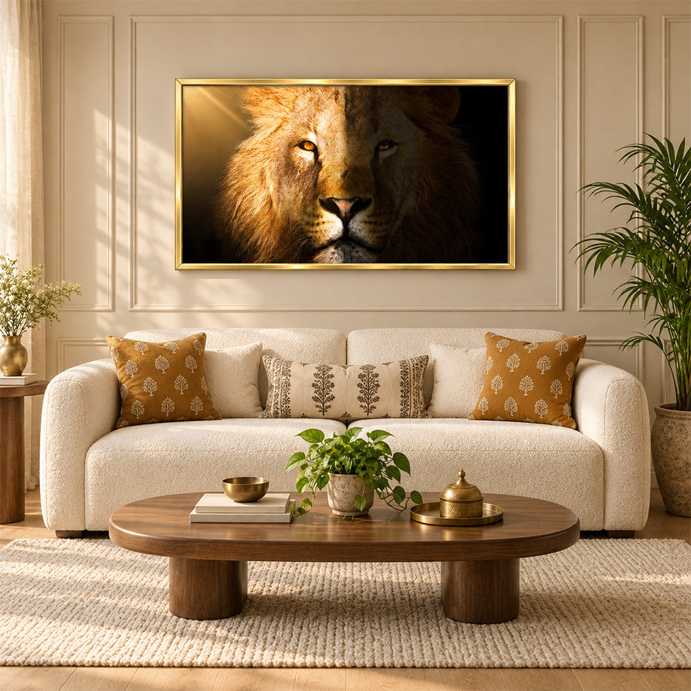 Golden lion face canvas wall painting