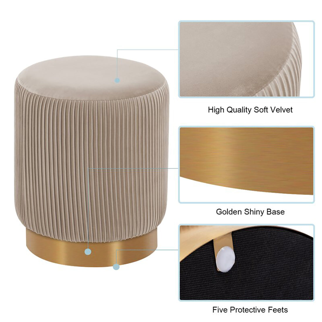 Round Velvet Gold Ottaman/Poufee In Khaki